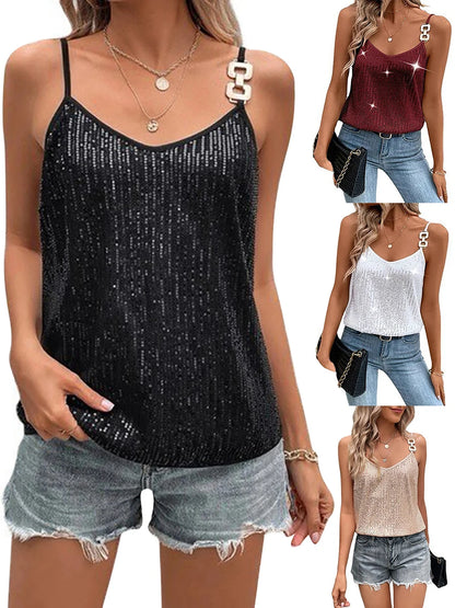 2024 Women´s Summer Sequin Cami Tops Spaghetti Strap V-Neck Sparkle Shimmer Loose Sleeveless Tanks Tops