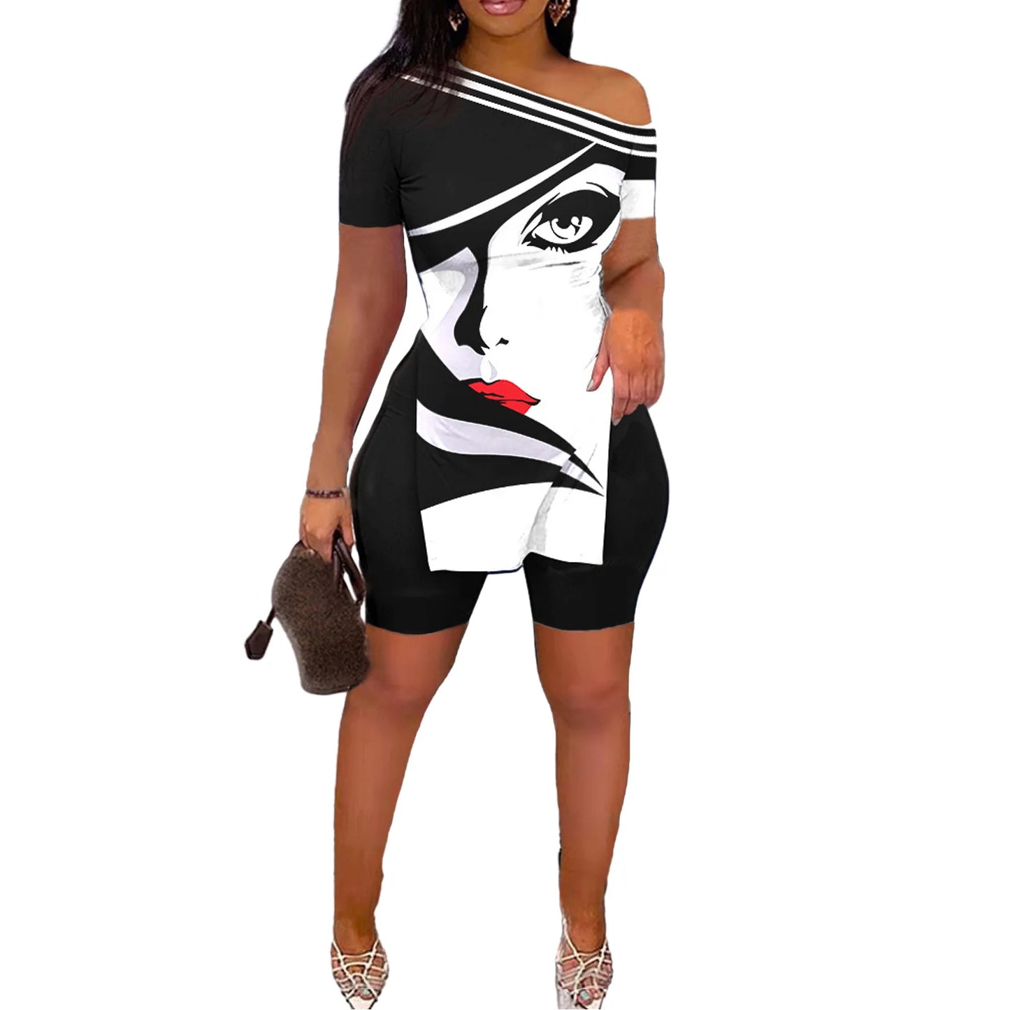 Print Two Piece Shorts Sets Women Skew Collar Short Sleeve Shirts Side Split Tops Pullover Elastic Waist Trousers Summer 2025 4