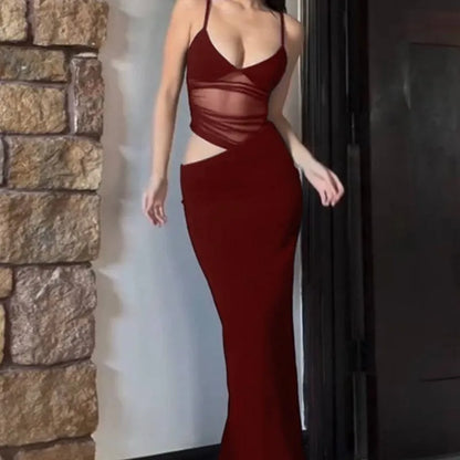 Mesh Thin Shoulder Strap Women's Plus Size Dress Sexy High Street Low Collar Patch Long Robe Women's Party Vest