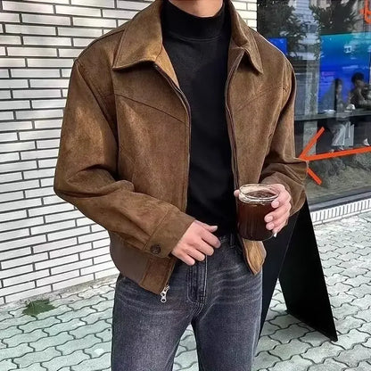 Versatile Vintage American Style Chamois Leather Jacket For Men Brown Coffee Maillard Matching Cropped Lapel Autumn Winter Seaso