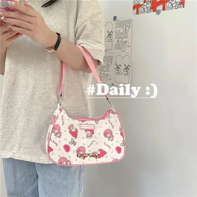 Miniso Hello Kitty Underarm Bag for Women Y2K Sanrio Kuromi Mymelody Messenger Tote Bag Cute Girls Shoulder Bag Purses Handbag Melody 24x17x7cm
