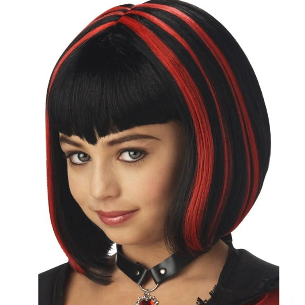 HAIRJOY Women Short Straight White Bob Wig with Bangs Synthetic Hair for Daily Party Cosplay Halloween black red 10inches