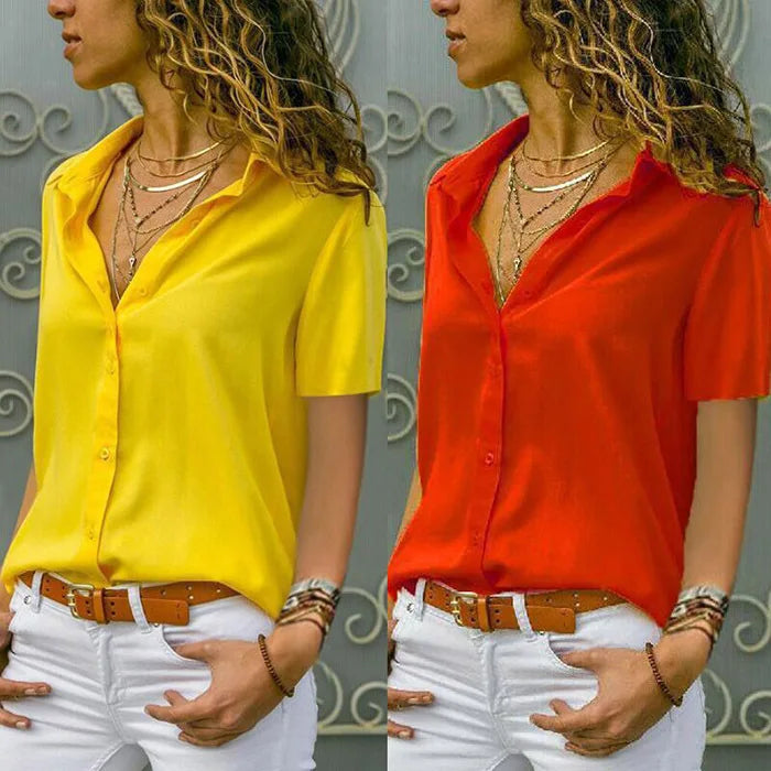 Women Solid White Blouse Tops Office Lady Work Chiffon Button 2023 Summer Short Sleeve Yellow Red Female Blouses Shirts Femme
