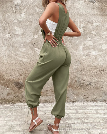 Jumpsuits Women One Piece Cargo Pants Casual Long Pant Overalls Suspenders Lace Up Tight High Waist Sleeveless Rompers