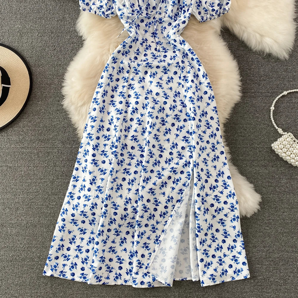 Summer Vintage Dress Blue Floral Summer Bubble Sleeve Tie Up Sexy Dresses Women A-line Print Split Long Dress Elegant Vestidos