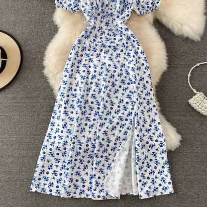 Summer Vintage Dress Blue Floral Summer Bubble Sleeve Tie Up Sexy Dresses Women A-line Print Split Long Dress Elegant Vestidos