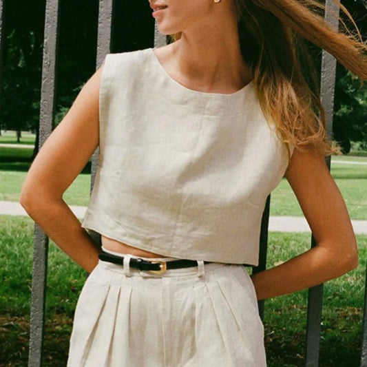 Summer New 100% Linen Sleeveless Crop Top Women's Loose Casual Solid Color Cute Tops Round Neck Minimalist Short T-Shirts