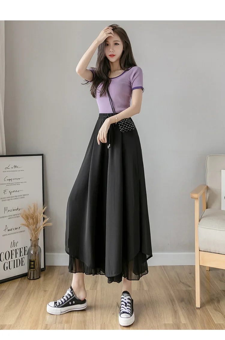 Women Pants Culottes Elastic Wide Leg Irregular Hem Double Layers Korean Trousers Summer Casual Loose Pleated Pants