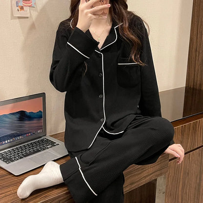 New Women's Imitation Cotton Pyjamas Homewear Set Girls Spring and Autumn Pajamas Homewear Ladies Long-Sleeved Cardigan Homewear Black