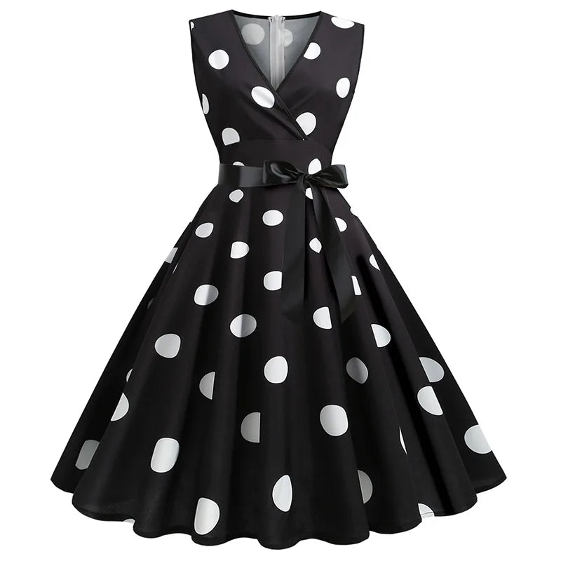 Summer V-neck sleeveless polka dot lace-up waist tucked vintage swing dress