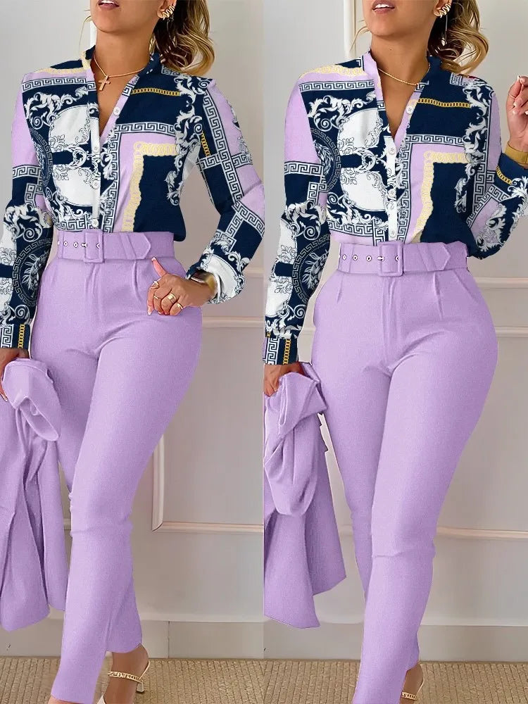 Women's Shirt 2 Pieces Suit Set 2024 Fall Print V Neck Long Sleeve Top Casual High Waist Pockets Work Female Clothes Pants Set Light Purple