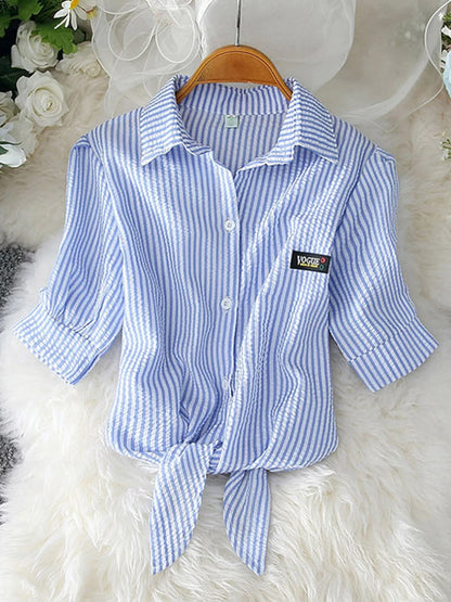 2025 New Womens Tops Fashion Women Summer Chiffon Blouse Short Sleeve Casual Shirt White Ropa Mujer Blusas Feminino Blue stripe