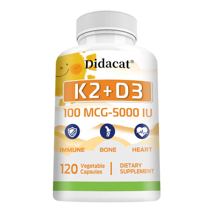 Vitamin K2 + D3 100mcg-5000IU Capsules - Dietary Supplement for Immune, Bone, Heart, Dental, and Cardiovascular Support 120 count United States