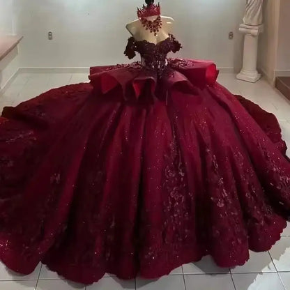 ANGELSBRIDEP Glittering Burgundy Quinceanera Dress Beading Lace Flower Birthday Party Court Train Vestidos De 15 Anos Customized Badiee Stylez