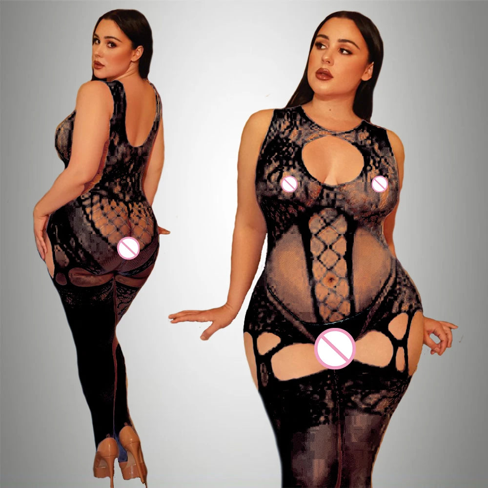 2024 New Plus Size Bodystocking Bodysuits For Women Sexy Fishnet Lingerie Babydoll Dress Porno Underwear Mesh Stockings For Sex Black Bodystocking 12 One Size
