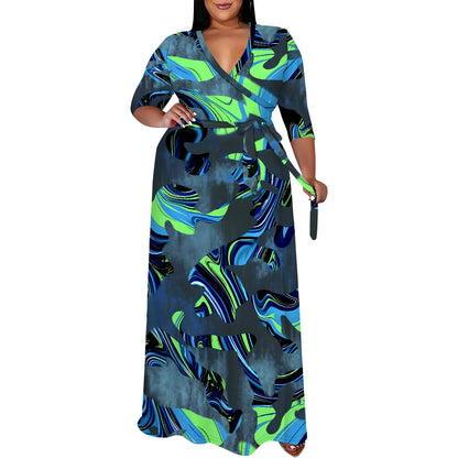 Plus Size Dress for Women - 3/4 Sleeve V-Neck Maxi Dress for Women with Belt and Pockets White-8 CHINA