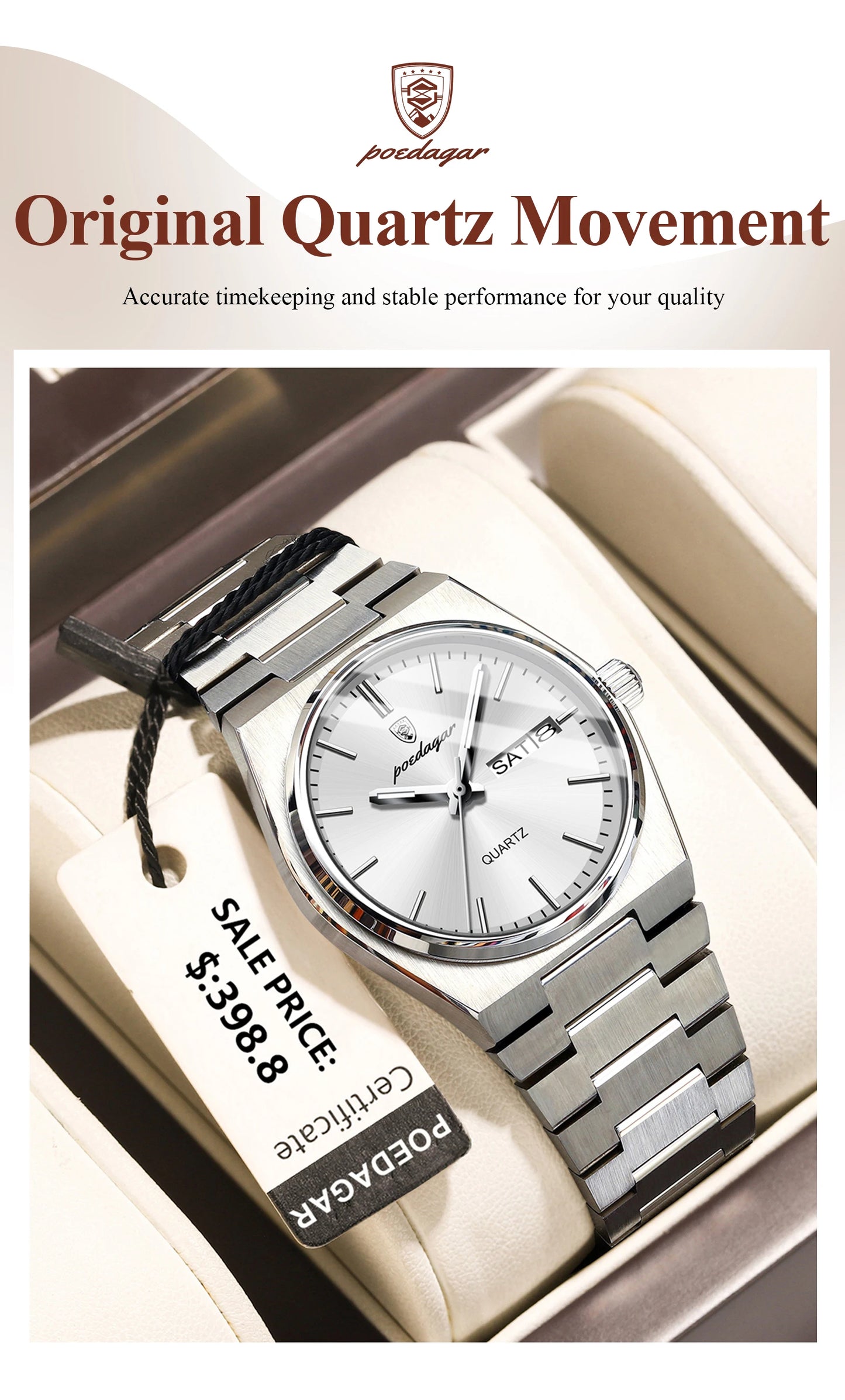 POEDAGAR Original New Woman Watch Stainless Steel Waterproof Luminous Ladies Wristwatch Date Week Elegant Quartz Women's Watches