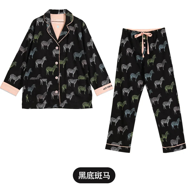 Women's Winter Pyjama Suit Print Long Sleeve Turn Down Collar Female Clothes 100% Cotton Single Breasted Sleepwear for Female Style 4