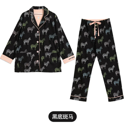 Women's Winter Pyjama Suit Print Long Sleeve Turn Down Collar Female Clothes 100% Cotton Single Breasted Sleepwear for Female Style 4