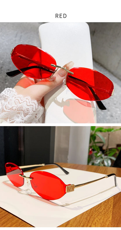 Retro Frameless Oval Concave Design Y2k Personalized Sunglasses Trendy Uv Resistant Street Photography Sunglasses 90275