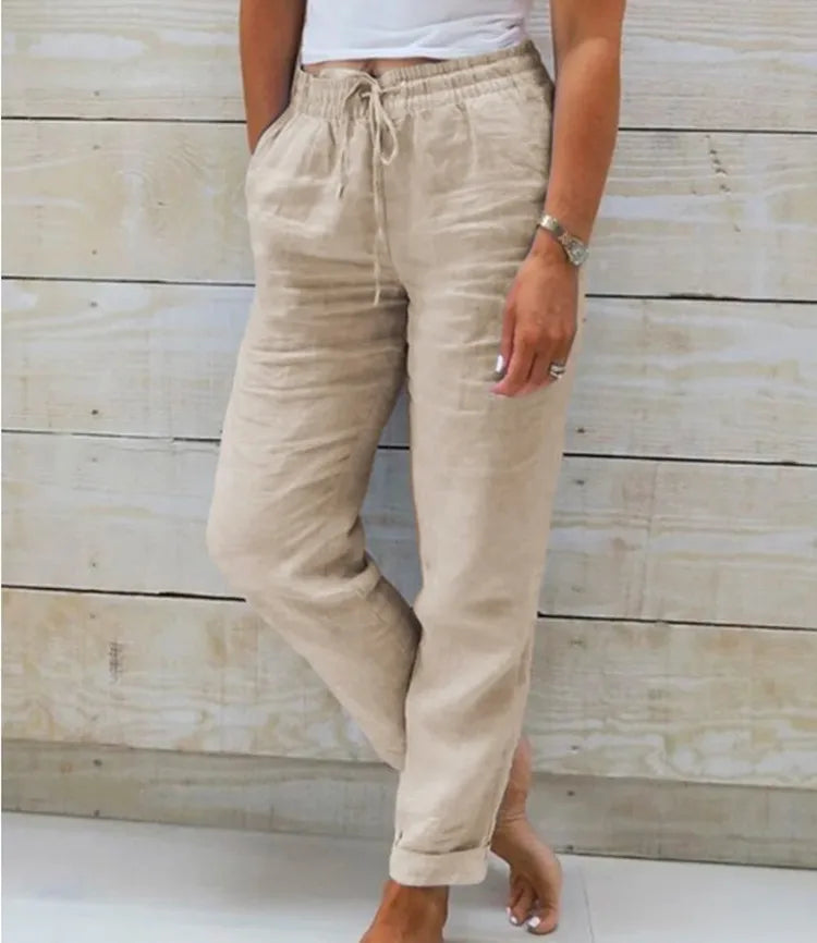 Women Cotton Linen Pants Summer Female High Elastic Waist Drawstring Pocket Beachwear Holiday Straight Trousers JYFS-1044
