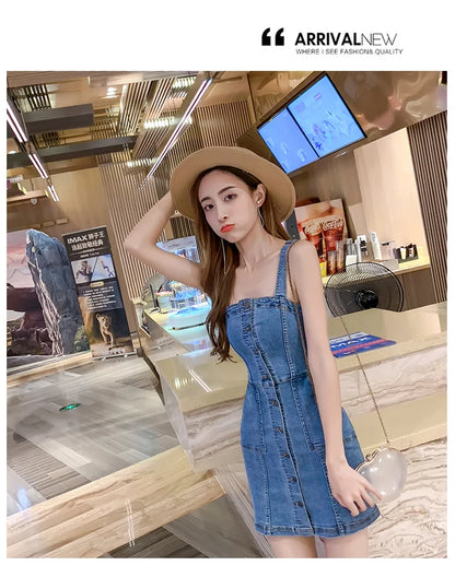 Denim Dress Summer Spaghetti Strap Sundress Vintage Casual Solid Retro Chic Sexy Jeans Button Front Blue Party Dress Women 2022