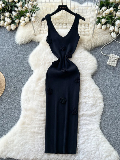 SINGREINY Knitted 3D Flower Chic Dress Sleeveless Slim Solid Elastic Sundress Women Summer Casual Fashion Bodycon Long Dresses black One Size