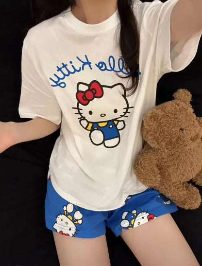 Hello Kitty Summer White & Blue Pajama Set Women's Short Sleeve Shorts with Lace Accents Soft Breathable Loungewear Home Comfort