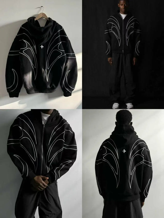 High Street Harajuku Striped Splicing Retro Loose Zipper Sweatshirt Women Casual Fashion Retro Y2K 2025 Oversized Hoodie Men