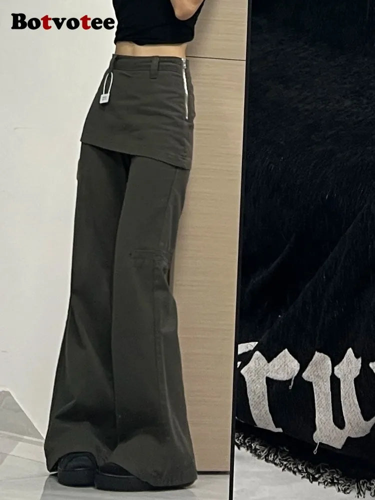 Botvotee Fake Two-Piece Plus size Wide Leg Jeans for Women 2025 New Y2k Fashion Streetwear High Waisted Flare Denim Pants