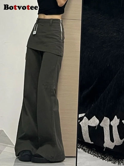 Botvotee Fake Two-Piece Plus size Wide Leg Jeans for Women 2025 New Y2k Fashion Streetwear High Waisted Flare Denim Pants