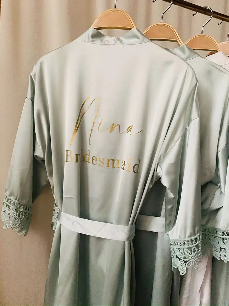 Personalised Robe Green Custom Bridal Robe Wedding Bridesmaid Kimono Sage Green Bathrobes Silky & Lace Detail Bridal Party Dress