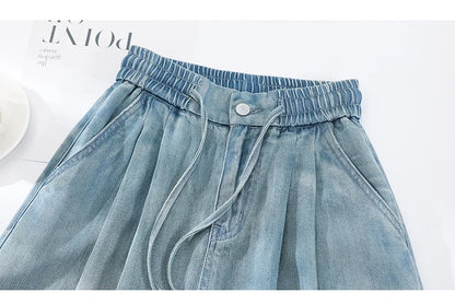 Summer Luxury Soft Cozy 100%Lyocell Fabric Woman Jeans Loose Wide Leg Elastic Waist Pants Fashion Casual Trousers Plus Length