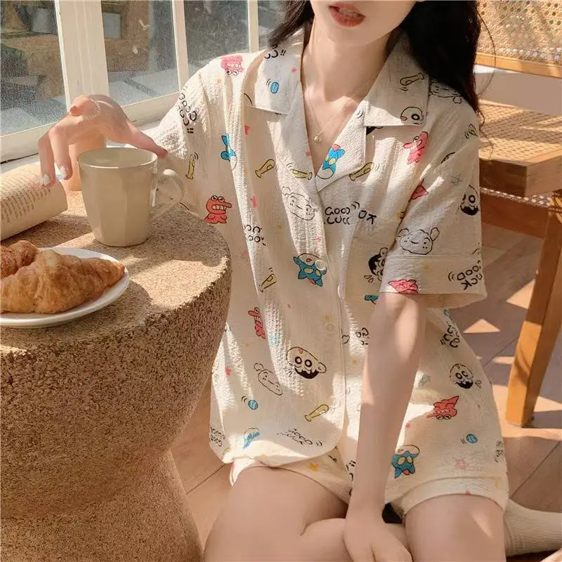 Cute Girl's Summer Cotton Linen ort Sve Nightgown Home Clothes Set Bear Print Gauze Spwear Simple Home Sle Cloud cotton short-crayon shin-chan