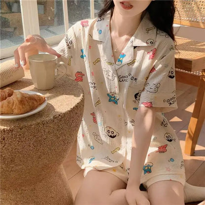 Cute Girl's Summer Cotton Linen ort Sve Nightgown Home Clothes Set Bear Print Gauze Spwear Simple Home Sle Cloud cotton short-crayon shin-chan