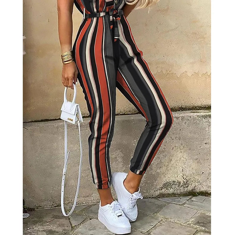 Women's Monochrome Jumpsuit 2024 Spring/Summer Comfortable Casual Flip Collar Printed Belt Work Dress Women's Jumpsuit