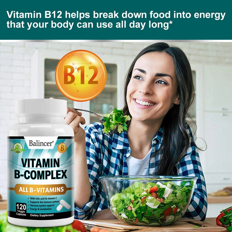 Vitamin B Complex Supplement, Containing Folic Acid and Vitamin C, Supports Energy, Immune Health, Antioxidant Supplement