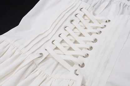 WhereMery Elegant Women Aesthetic Pleated Mini Dress Y2K White Sleeveless Square-neck Lace-up Off Shoulder Spring Party Dresses