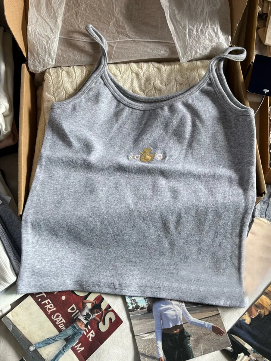 Cute Animal Embroidery Tank Tops Women Summer Lace Trim Cotton Sleeveless Camisole Vests Solid Vintage Sweet Slim Crop Top Y2k Duck-basic One Size