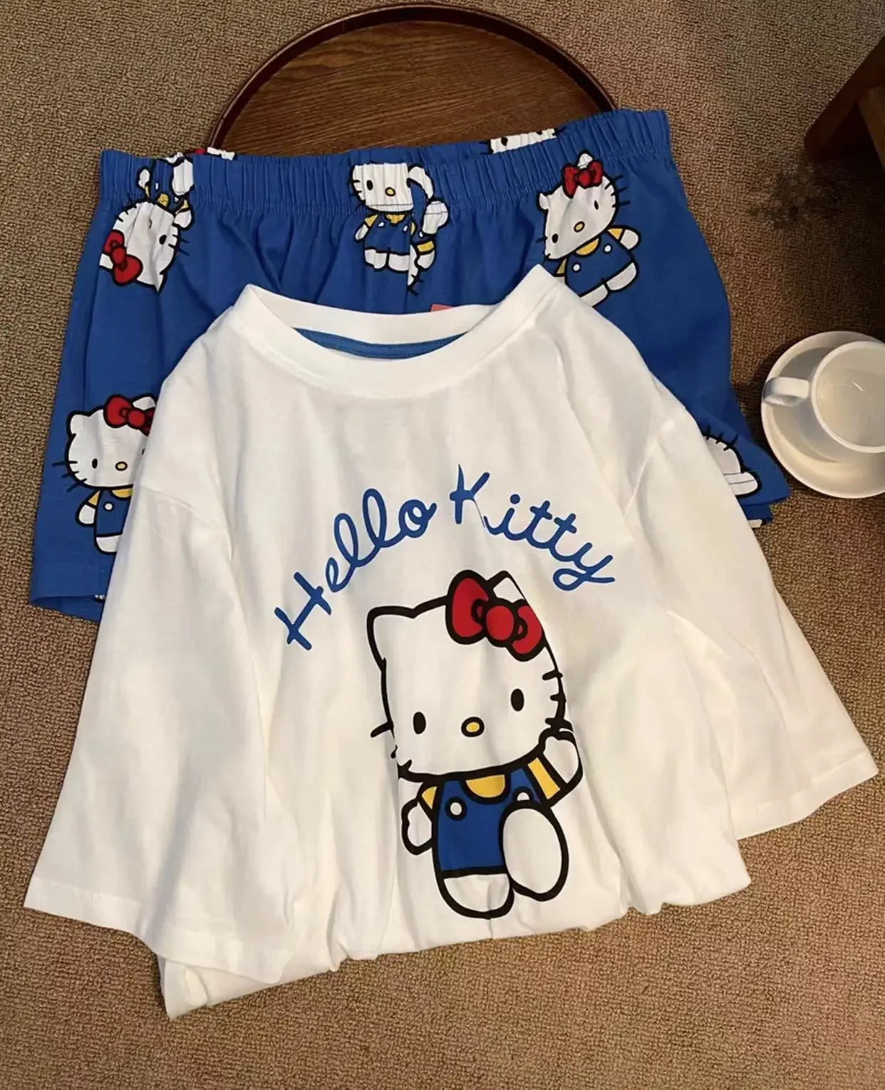 Hello Kitty Summer White & Blue Pajama Set Women's Short Sleeve Shorts with Lace Accents Soft Breathable Loungewear Home Comfort