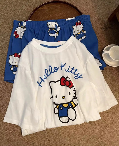 Hello Kitty Summer White & Blue Pajama Set Women's Short Sleeve Shorts with Lace Accents Soft Breathable Loungewear Home Comfort