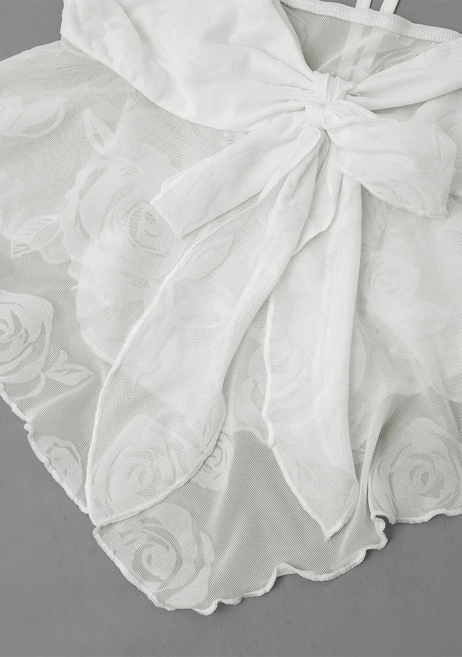 Women's Fashion Ruffle Irregular Hem Mesh Flower Flocking Sexy Front Chest Bow Tie Halter Neck Suspender Top