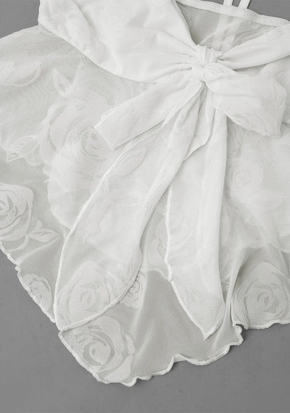 Women's Fashion Ruffle Irregular Hem Mesh Flower Flocking Sexy Front Chest Bow Tie Halter Neck Suspender Top