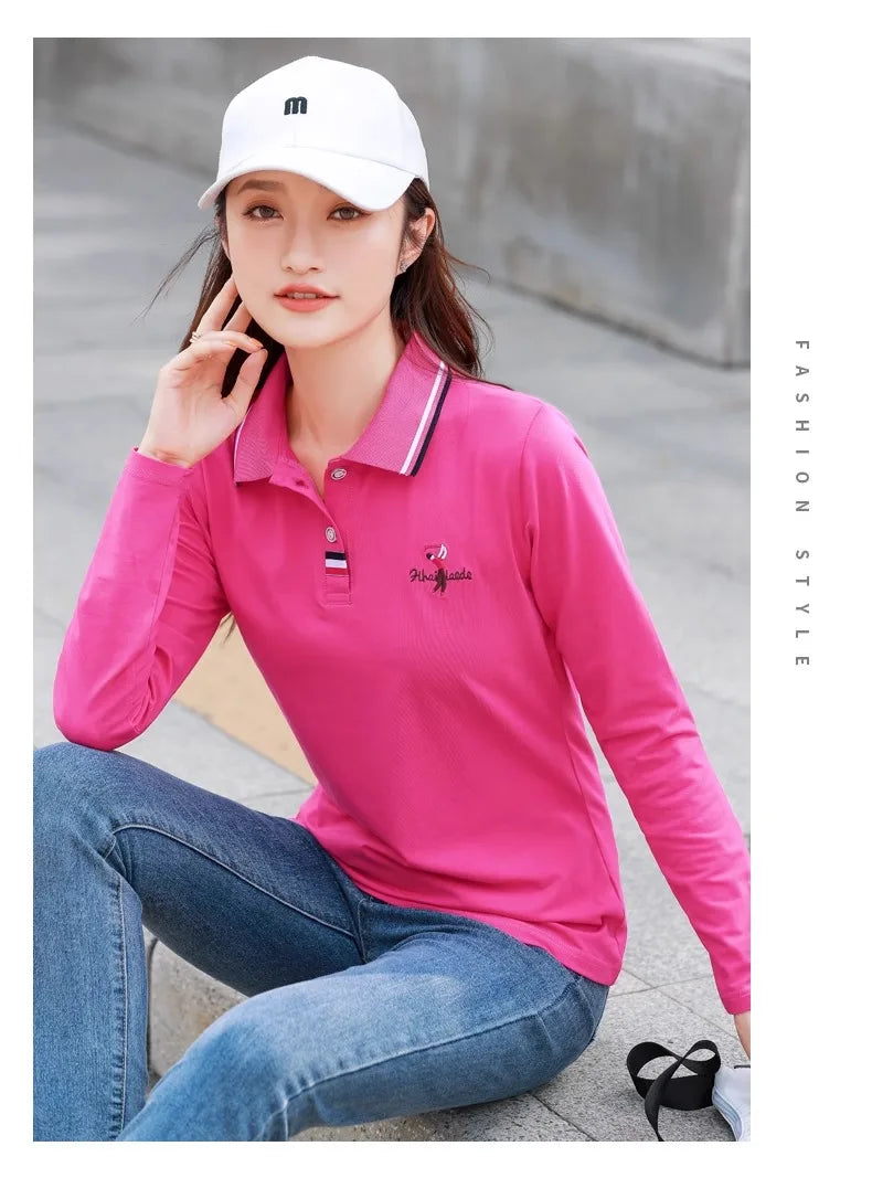 European Station Polo Neck Long sleeved T-shirt Women's Summer New High end Luxury Pure Cotton Loose Fashion Casual Large Top