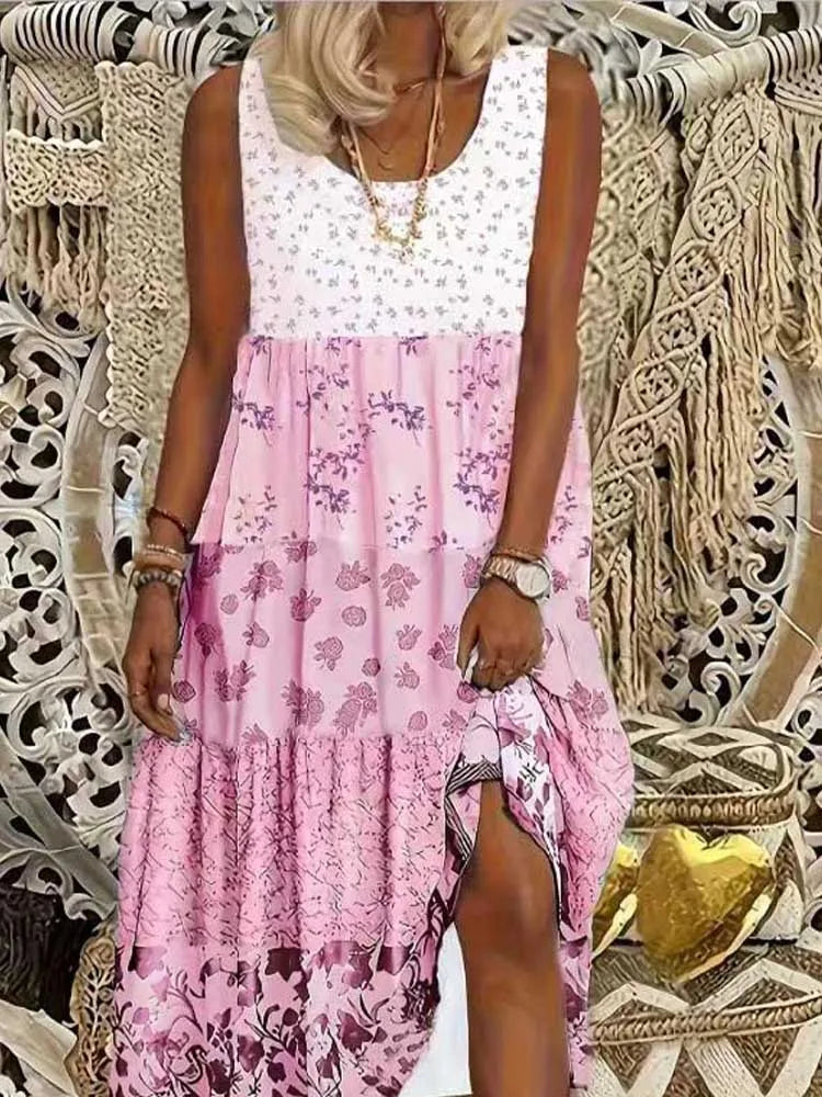 plus Size Women's Sleeveless round Neck Casual Dress Clashing Floral Print Maxi Summer Dresses for Women