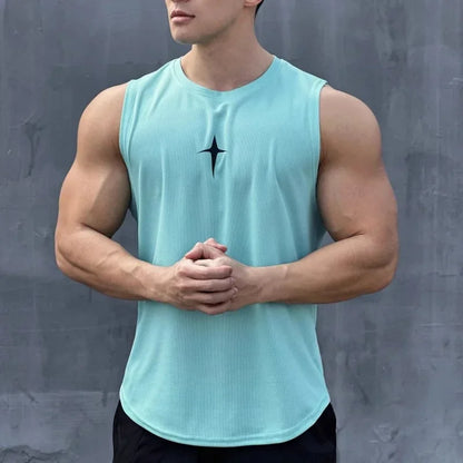 summer Sleeveless vest outdoor sport tank top running fitness undershirt quick drying round neck gym T-shirt men Breathable tops Lake blue