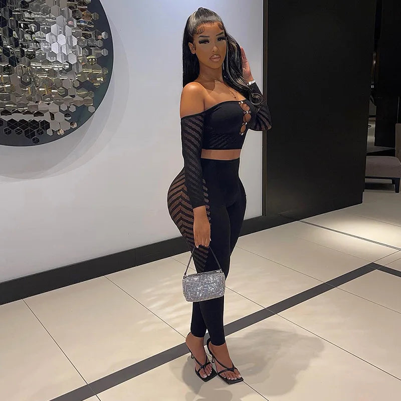 Simenual Baddie Fashion Mesh Tansparent Two Piece Sets Hotsweet Sexy Hollow Out Crop Tops Skinny Pants High Elastic Co Ord Suits