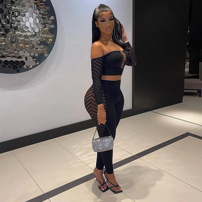 Simenual Baddie Fashion Mesh Tansparent Two Piece Sets Hotsweet Sexy Hollow Out Crop Tops Skinny Pants High Elastic Co Ord Suits