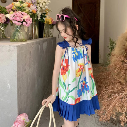 Girl Suspender Fluffy Dress Korean Style Summer Kids Flowers Printing Beach Princess Skirt Girls Breathable Knee-Length Dress