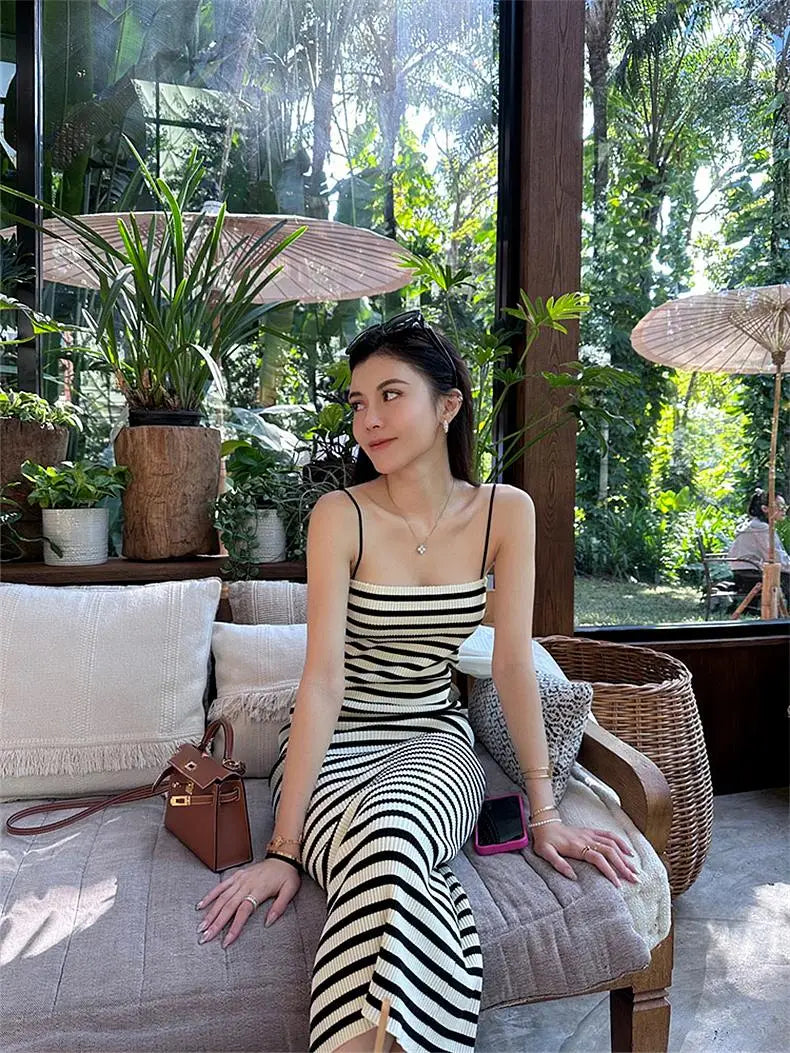 Striped Knitted Slim Dresses Women's Summer Skinny Sleeveless Bodycon Long Dress Casual Holiday Wrap Hip Sundress